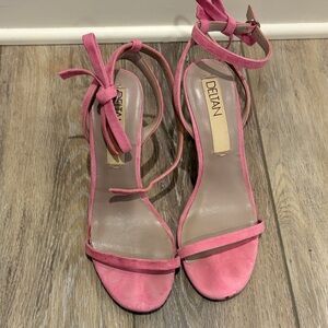 Deltan Pink Suede Ankle Bow Tie Heels - 6.5